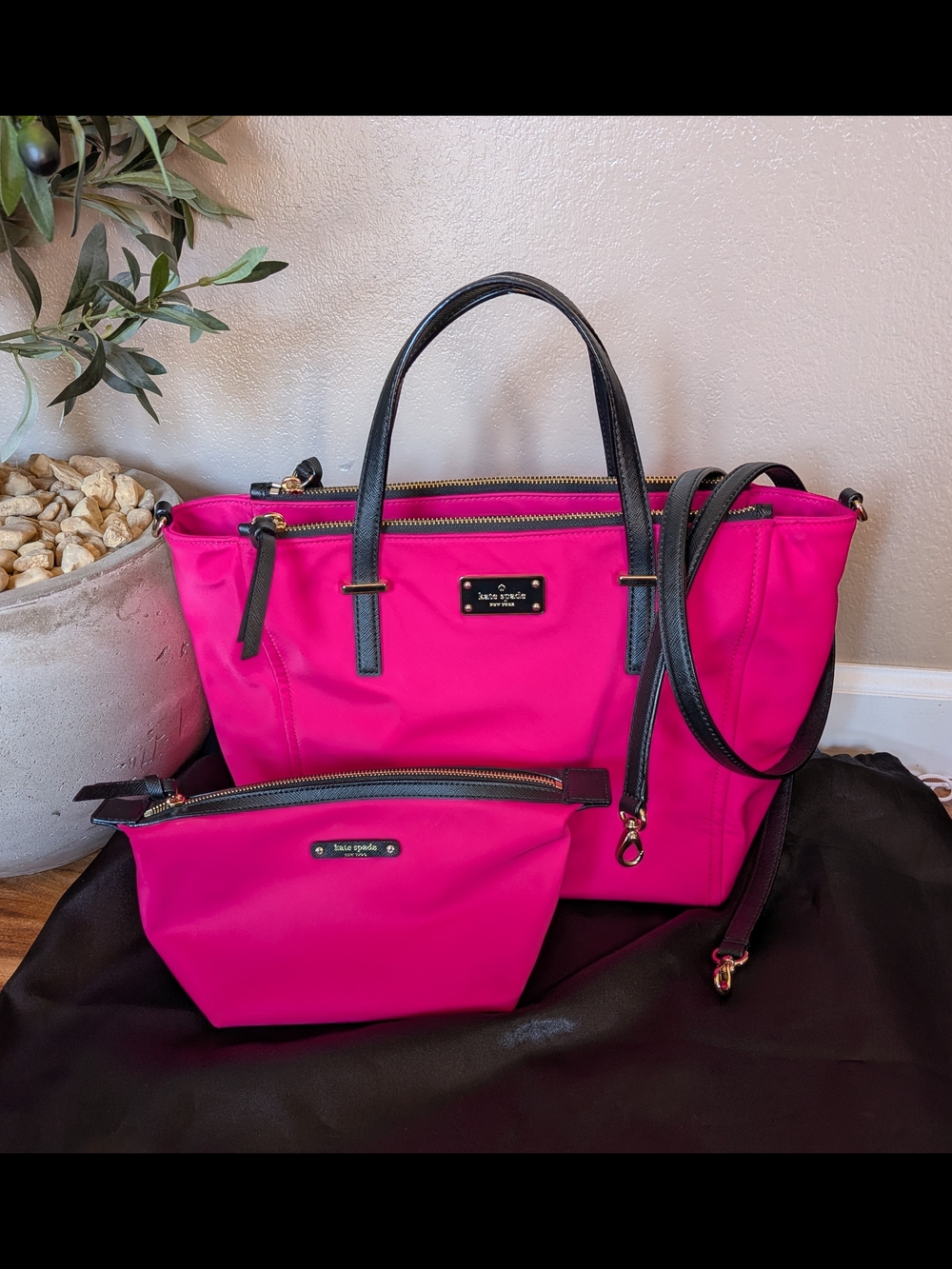 Kate Spade Wilson Road Nylon Alyse Satchel/Crossbody & Cosmetic Bag HOT PINK